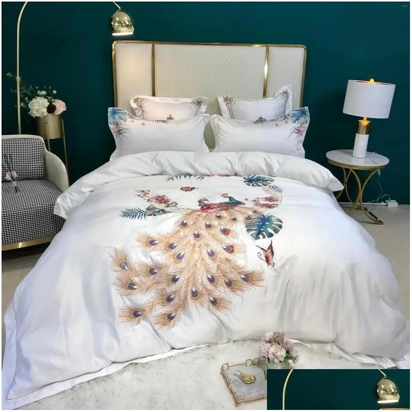 bedding sets luxury 60s white peacocks embroidery duvet cover bed linen fitted sheet pillowcases bedclothes king queen size 4pcs