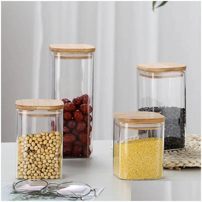 Transparent Square Glass Pantry Storage Jars With Bamboo Lid For Grain