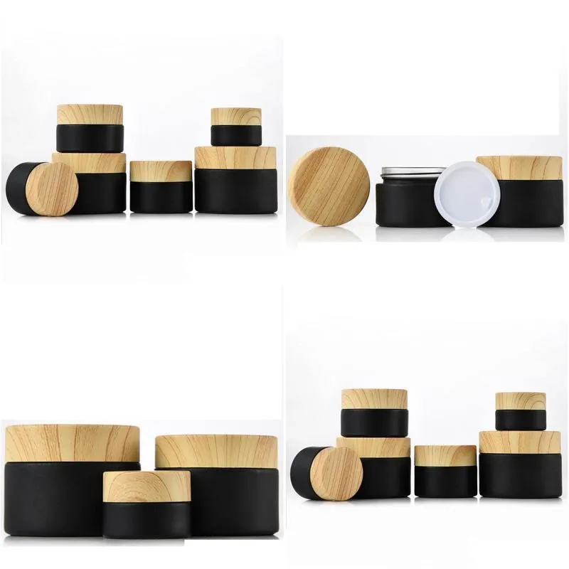 black frosted glass jars cosmetic jars with woodgrain plastic lids pp liner 5g 10g 15g 20g 30 50g lip balm cream