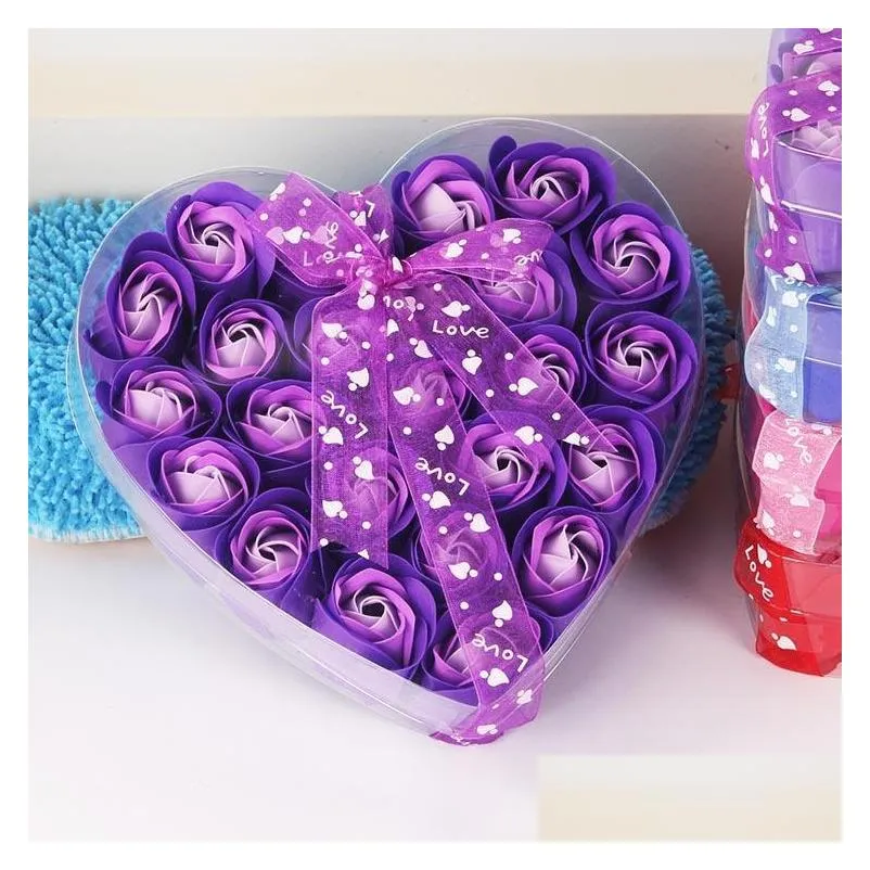 24pcs/box heart shaped soap rose flower gift boxrose flower head display reative mothers day valentines gift soap1