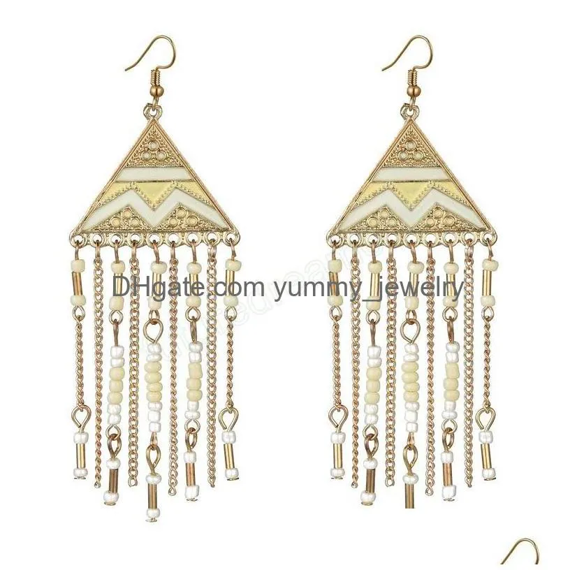 vintage triangle dangle earrings for women bohemian summer long beads tassel statement earrings ethnic gypsy indian jewelry gift
