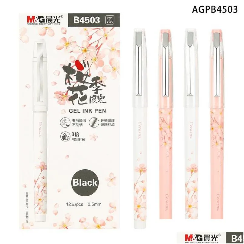 m g 0.5mm black gel pen full needle tip signing student stationary office teaching supplies pink cherry blossom pattern pens