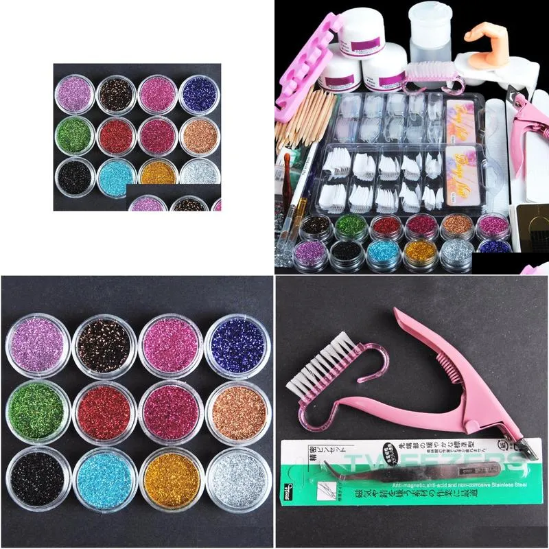 Acrylic Nail Art Manicure Kit 12 Color Nail Glitter Powder Decoration Acrylic Pen Brush False Finger Pump Nail Art Tools Kit Set