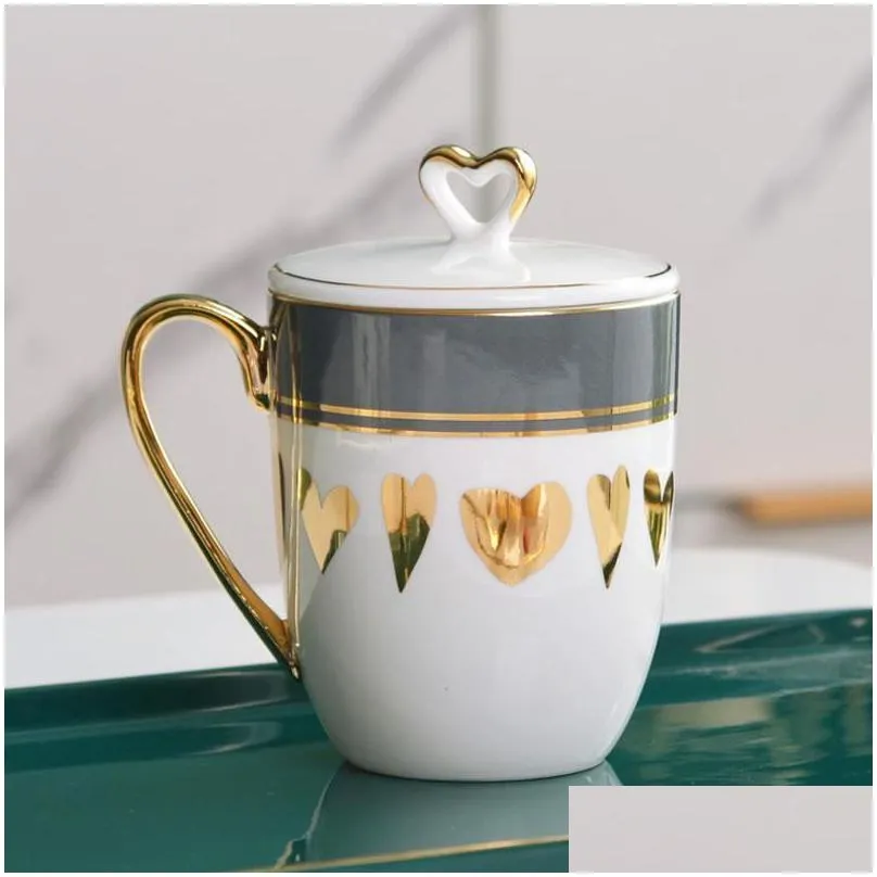 ups mugs pretty heart mug with lid porcelain gold decoration cute coffee tea milk cup office drinkware birthday gfit for her mom