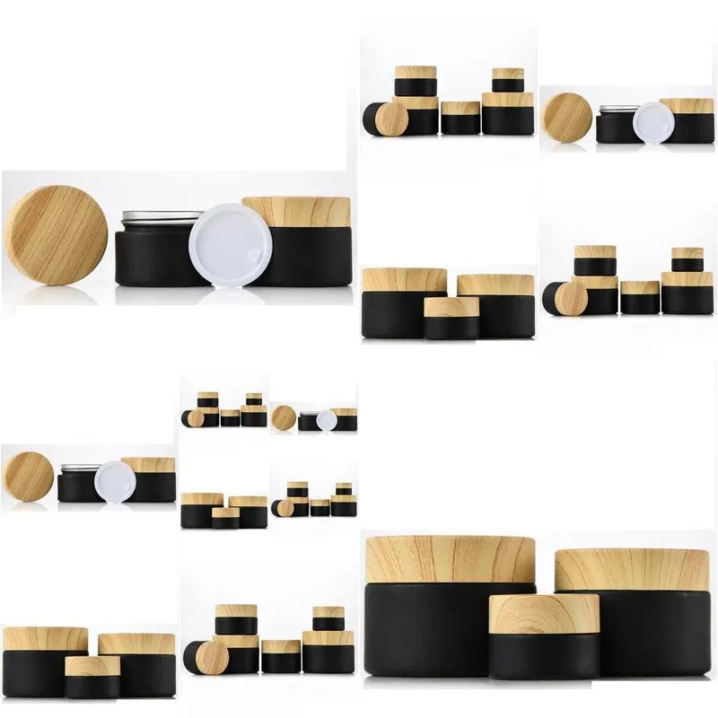 black frosted glass jars cosmetic jars with woodgrain plastic lids pp liner 5g 10g 15g 20g 30 50g lip balm cream