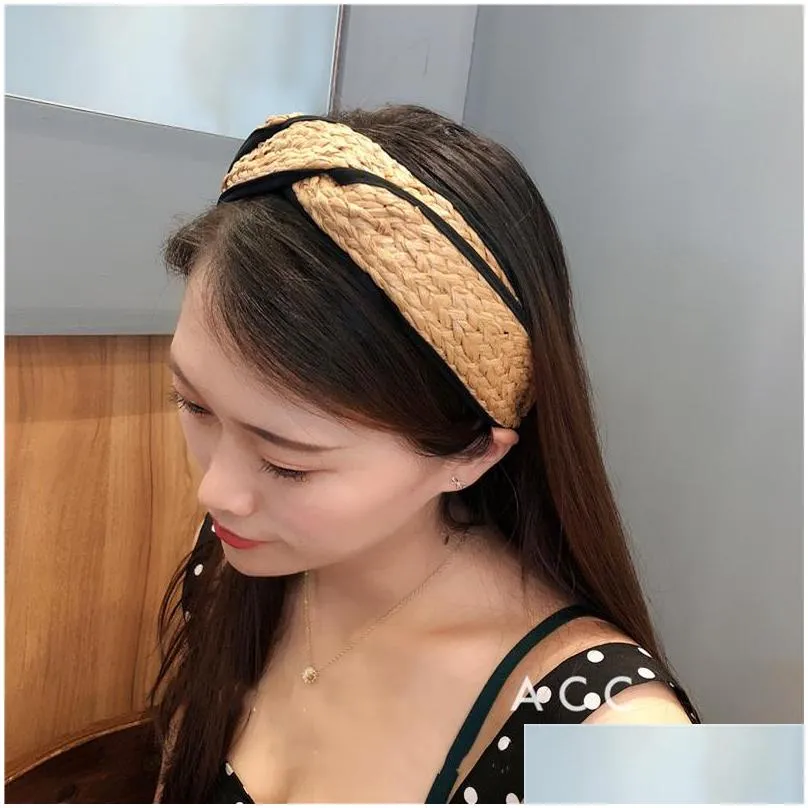 M MISM Korean Style Knotted Cross Handmade Bohemian Straw Headband Turban for Women Girls Hoop Bezel Hairbands Hair Accessories