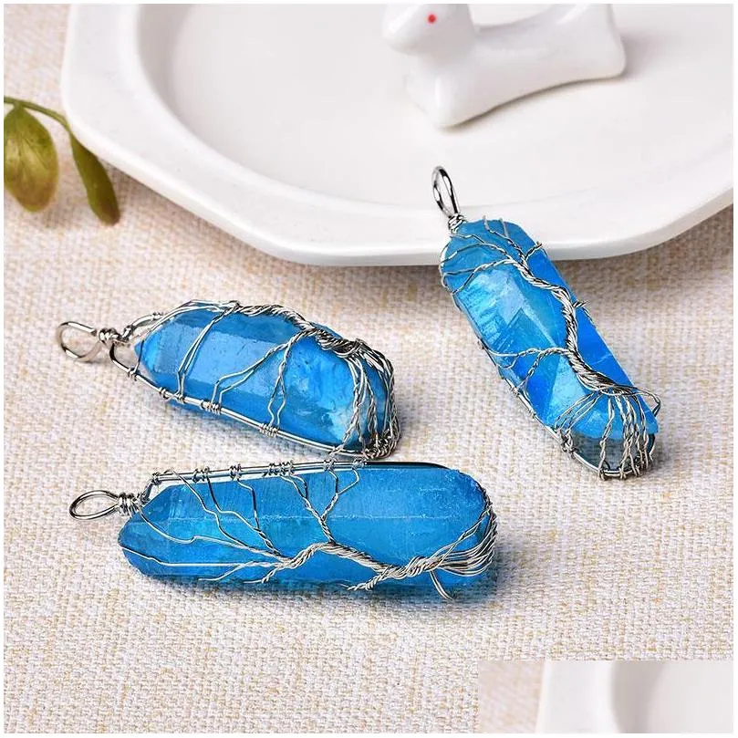 decorative objects figurines 1pc fashion natural aquamarine tree of life pendant for men women handmade necklace jewelry gift reiki