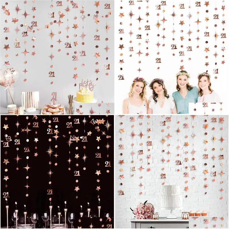 party decoration rose gold number 21 anniversary supplies circle dot twinkle star garlands hanging for girls 21st birthday