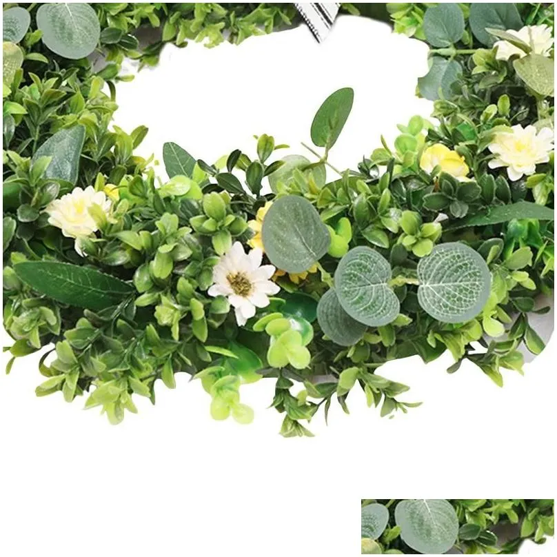 decorative flowers green leaves wreath artificial bike ornament/flowers with plaid bow for front door decor