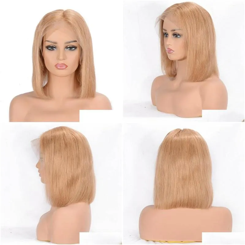 golden blonde human hair bob wigs short straight european remy human hair glueless lace front wig with baby for women 27