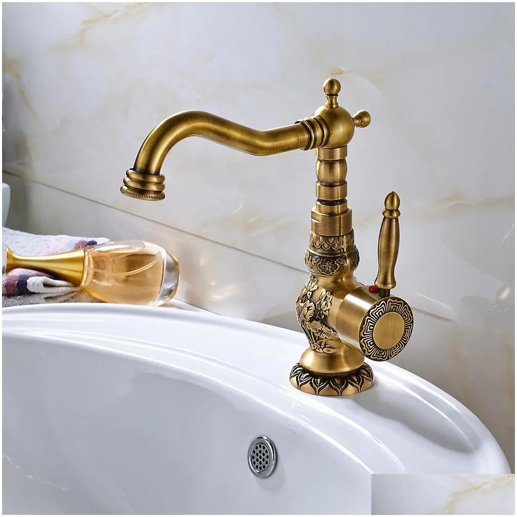 antique brass basin faucet long nose spout flower carved wash sink tap 360 rotation single handle mixer tap torneiras1