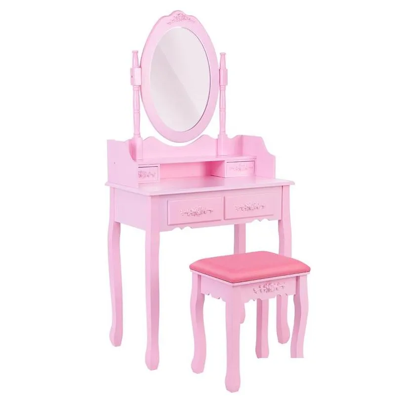 us stock pink vanity makeup dressing table with oval mirror and drawers for girls makeup desk sets