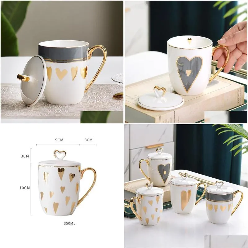 ups mugs pretty heart mug with lid porcelain gold decoration cute coffee tea milk cup office drinkware birthday gfit for her mom