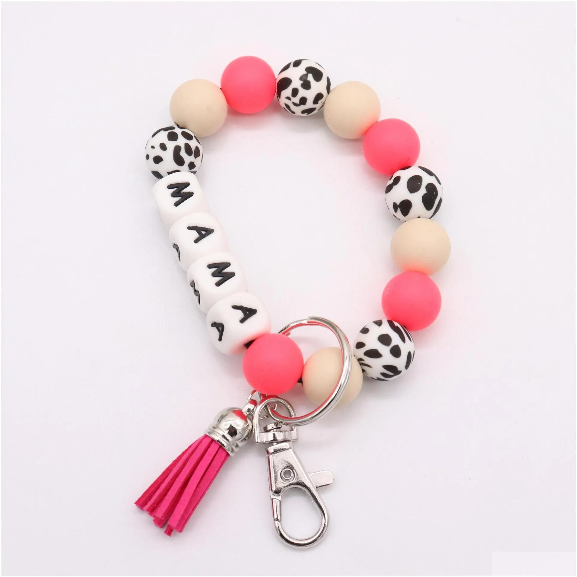 ups mama silicone beads bracelets keyring alloy party favor food grade wristbands beech tassel keys chain pendant leather pendant