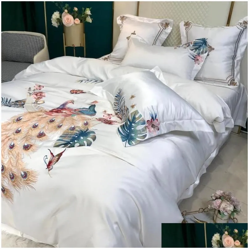 bedding sets luxury 60s white peacocks embroidery duvet cover bed linen fitted sheet pillowcases bedclothes king queen size 4pcs