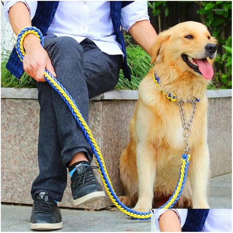 dog collars double strand rope national color mix large leashes adjust collar metal buckle pet 1.2m length traction suit big dogs