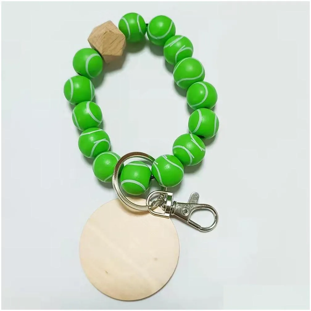 ups factory wholesale baseball decor beaded wooden bead bracelet key chain blank disc key ring multicolor optional