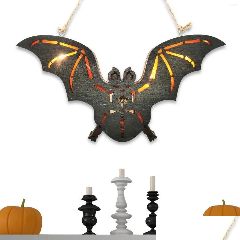 party decoration halloween bat wood door sign with string luminous led for front yard garden home reliable and durable novel design