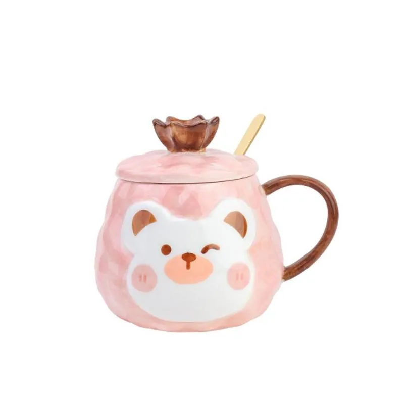 creative cartoon cup bear handpainted ceramic mug with cover couple home office coffee milk cup