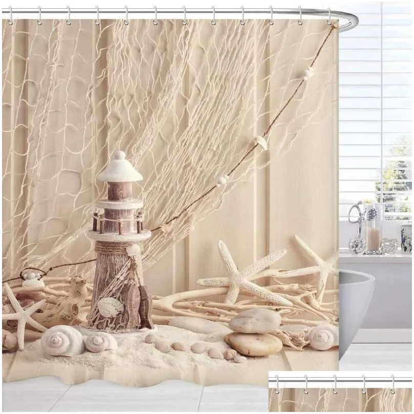 shower curtains nautical decor curtain extra long coastal sea shell fishing net lighthouse starfish ocean beach fabric bathroom set