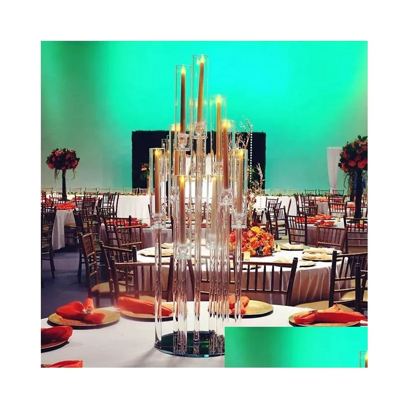 party decoration wholesale 10 arms long stemmed modern clear acrylic tube hurricane crystal candle holders wedding table centerpieces