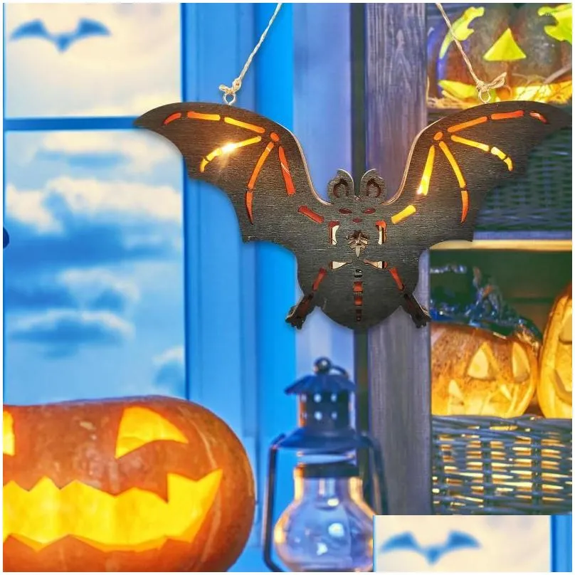 party decoration halloween bat wood door sign with string luminous led for front yard garden home reliable and durable novel design