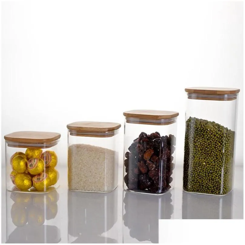 Transparent Square Glass Pantry Storage Jars With Bamboo Lid For Grain