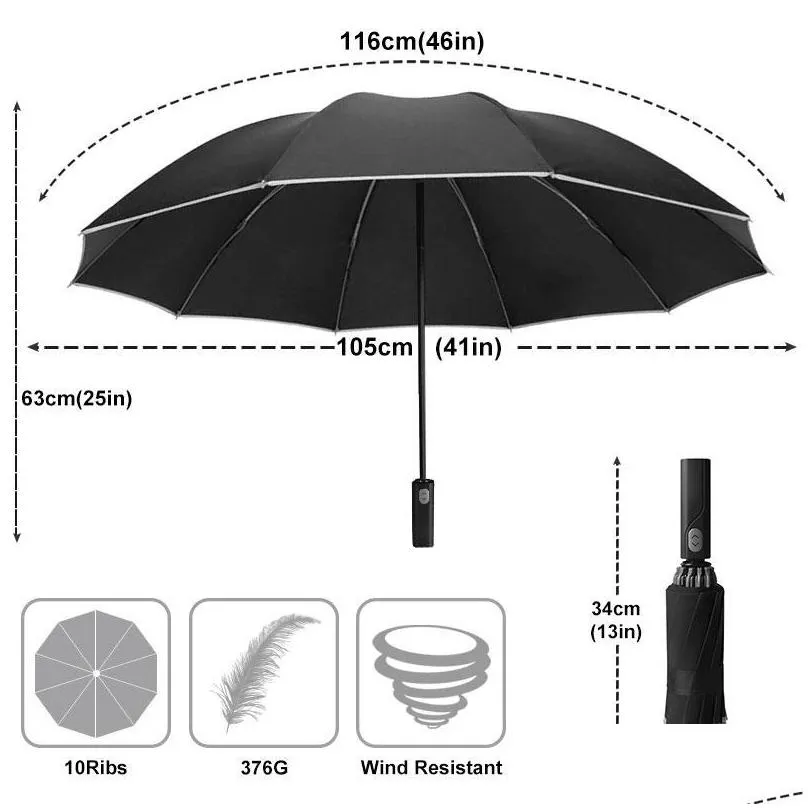 umbrellas windproof automatic umbrella portable reflective strips rain reverse 3fold men business women male parasol