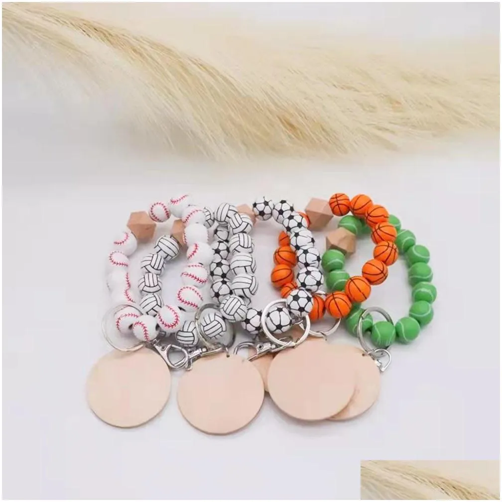 ups factory wholesale baseball decor beaded wooden bead bracelet key chain blank disc key ring multicolor optional