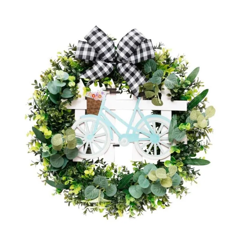 decorative flowers green leaves wreath artificial bike ornament/flowers with plaid bow for front door decor