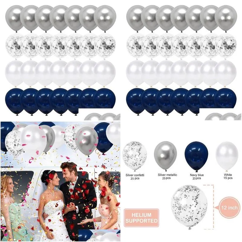 party decoration navy blue and silver confetti balloons 100 pcs 12 inch white pearl metallic chrome balloonsabux