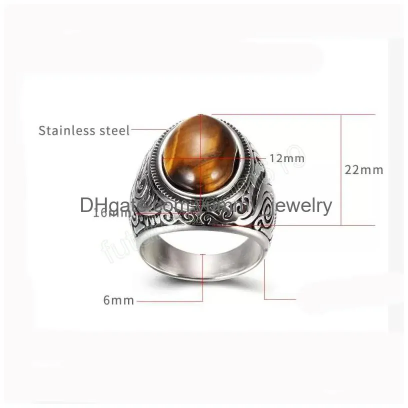 antique silver plated ring retro court turquoise tiger eye titanium steel rings jewelry for men