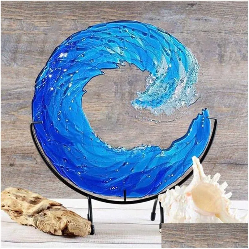 novelty items ocean wave fused glass sculpture gradient blue ornament decoration waves shape resin art crafts for home decor