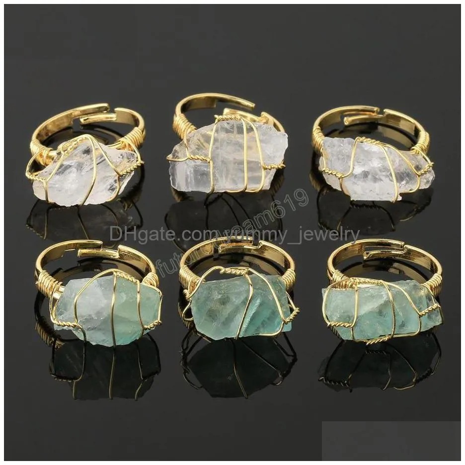 natural stone crystal band rings women irregular wire wrap healing purple fluorite goldcolor resizable finger ring jewelry