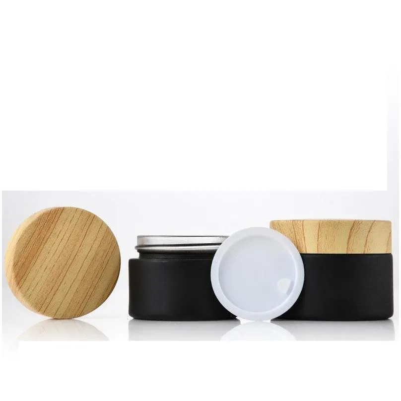 black frosted glass jars cosmetic jars with woodgrain plastic lids pp liner 5g 10g 15g 20g 30 50g lip balm cream