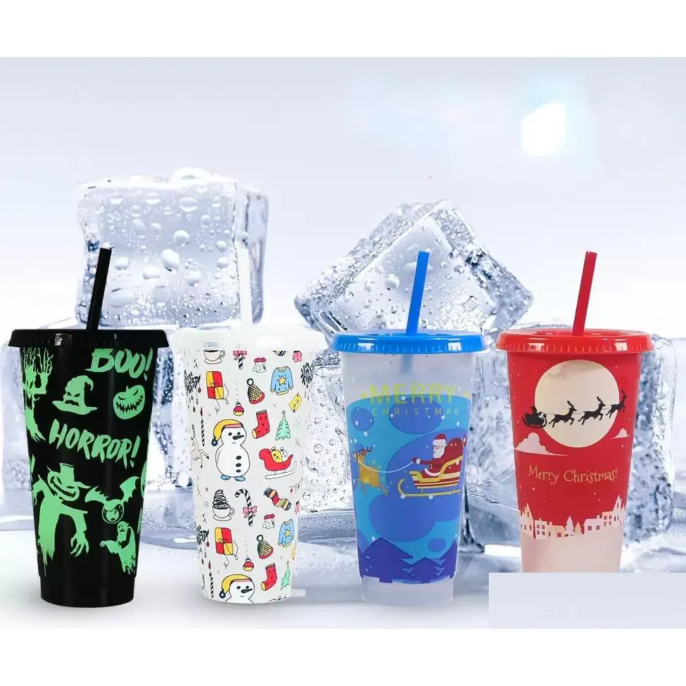 24oz/710ml christmas halloween mug colorchanging water cup coldchanging drink straw cup fruit tea pp temperaturesensitive plastic cups