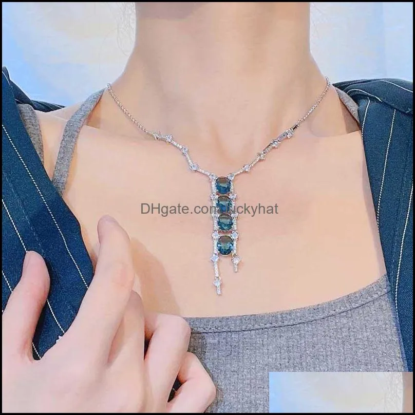 pendant necklaces high quality asymmetry necklace inlay blue round zircon temperament geometry jewelry for women wedding engagementpendant