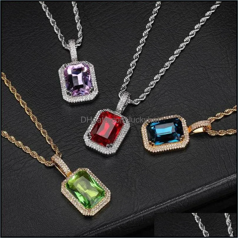 pendant necklaces 18k gold filled zircon necklace emerald square black gemstone red pink stone birthstone gift for him/herpendant