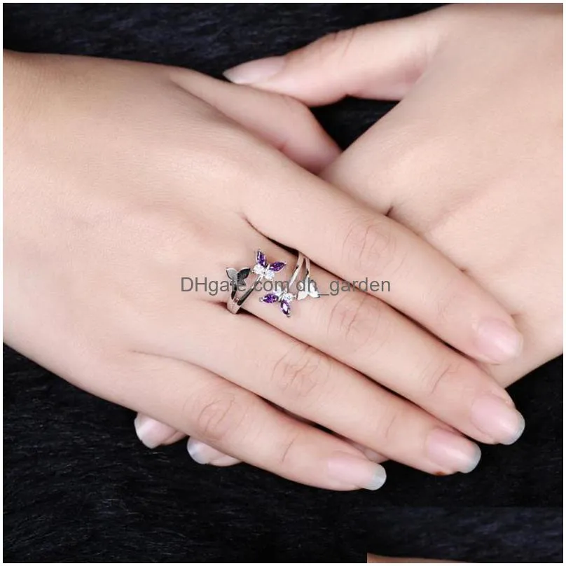 cluster rings fashion butterfly amethyst purple crystal zircon diamonds gemstones for women rose gold color jewelry bijoux accessories