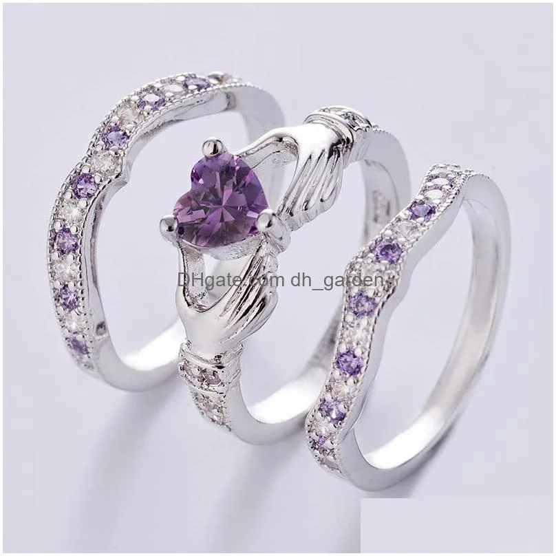cluster rings 3 pcs ring set elegant women heart zircon casual party engagement wedding