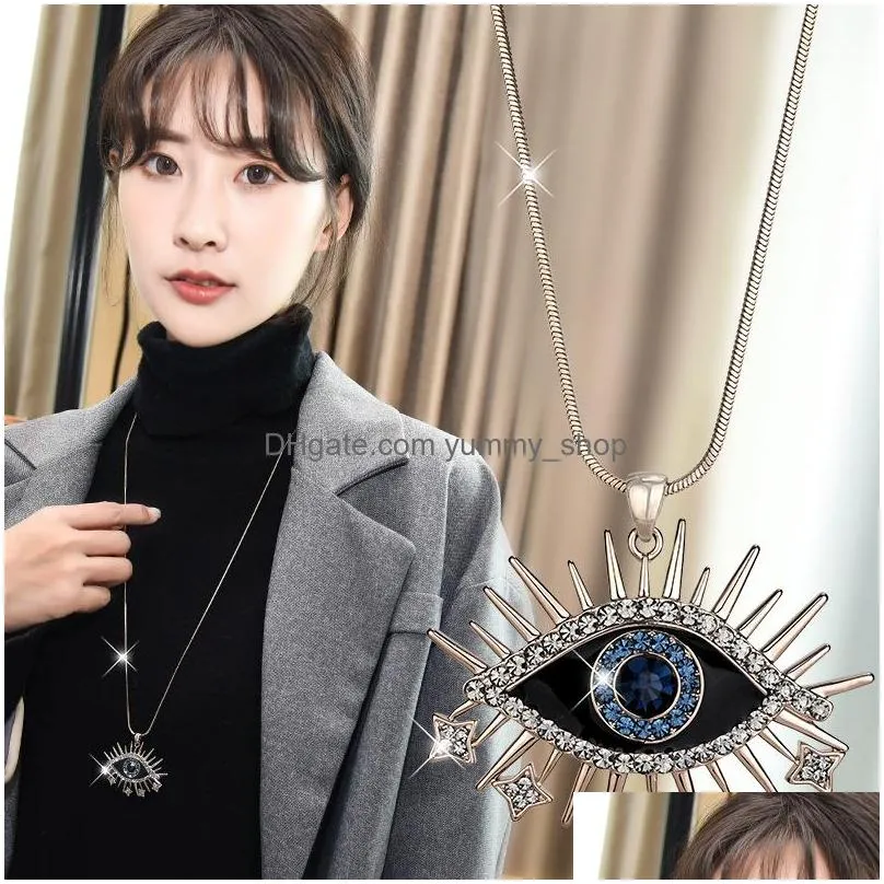 fashion jewelry evil eye pendant necklace rhinstone blue eyes long chain sweater necklaces