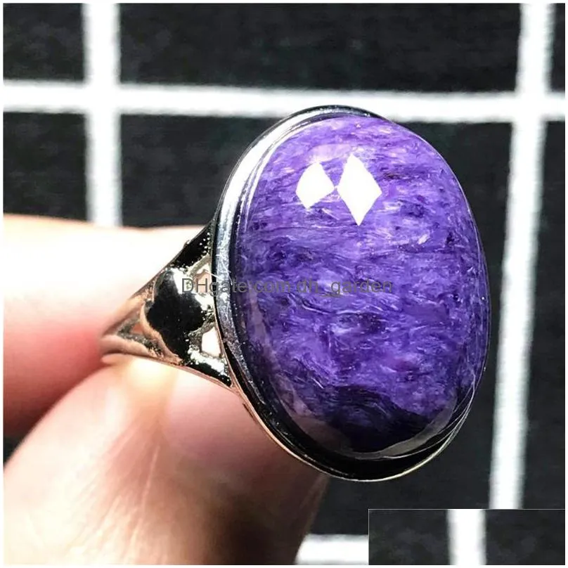 cluster rings real natural purple charoite beads ring for woman man crystal 20x15mm silver stone adjustable fashion jewelry