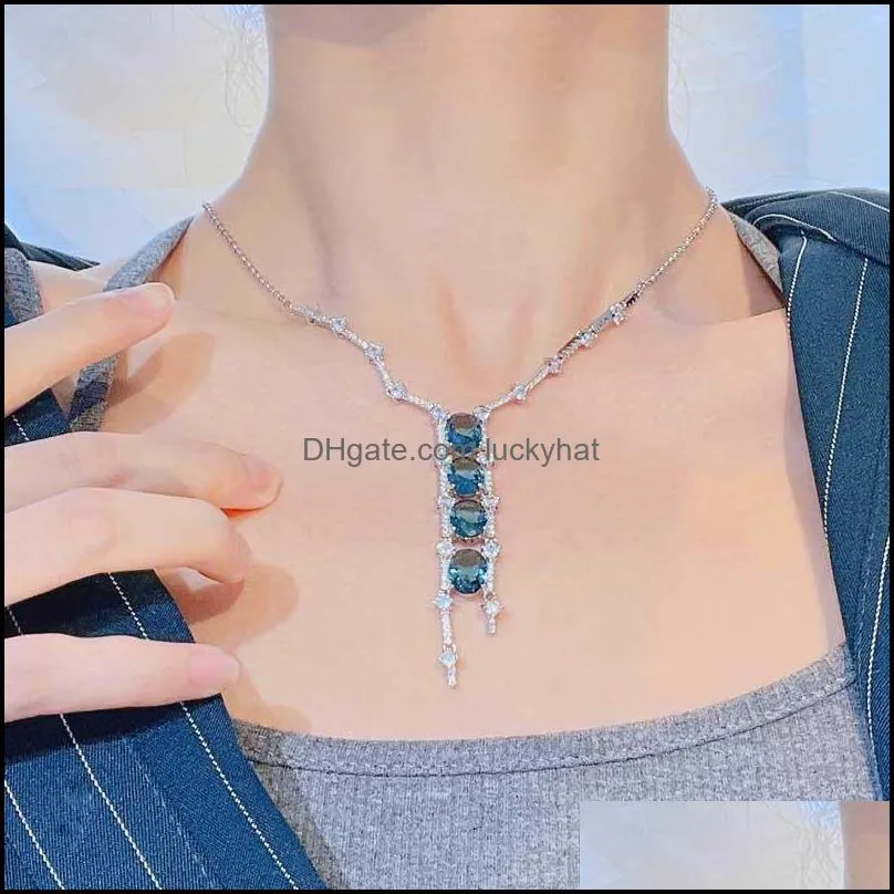 pendant necklaces high quality asymmetry necklace inlay blue round zircon temperament geometry jewelry for women wedding engagementpendant