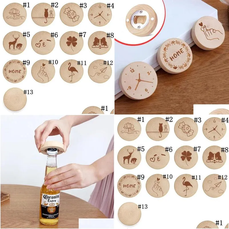  blank diy wooden round shape magnetic flamingo cartoon printed bottle opener coaster fridge magnet decoration beer bottle opener