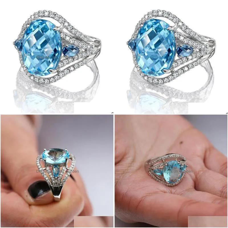 cluster rings vintage blue zircon big for women silver jewelry finger wedding ladies crystal party ring female