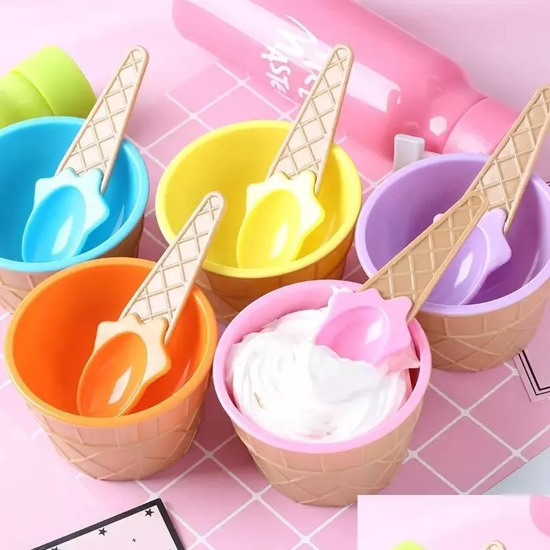 ice cream tools cute plastic ices cream bowl with spoon ecofriendly dessert colorful tart bowls container set cup children tableware inventory