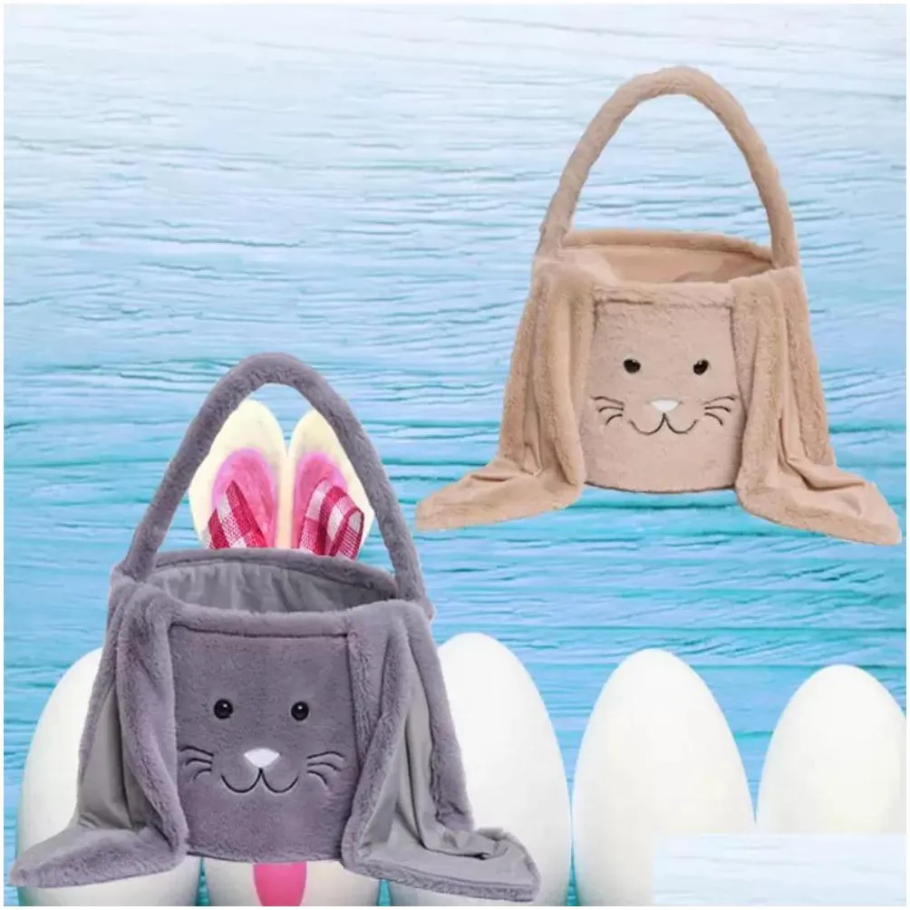 easter rabbit basket festive fuzzy long ears bunny bucket comfort plush easter eggs storage bag kids candy toy tote bags