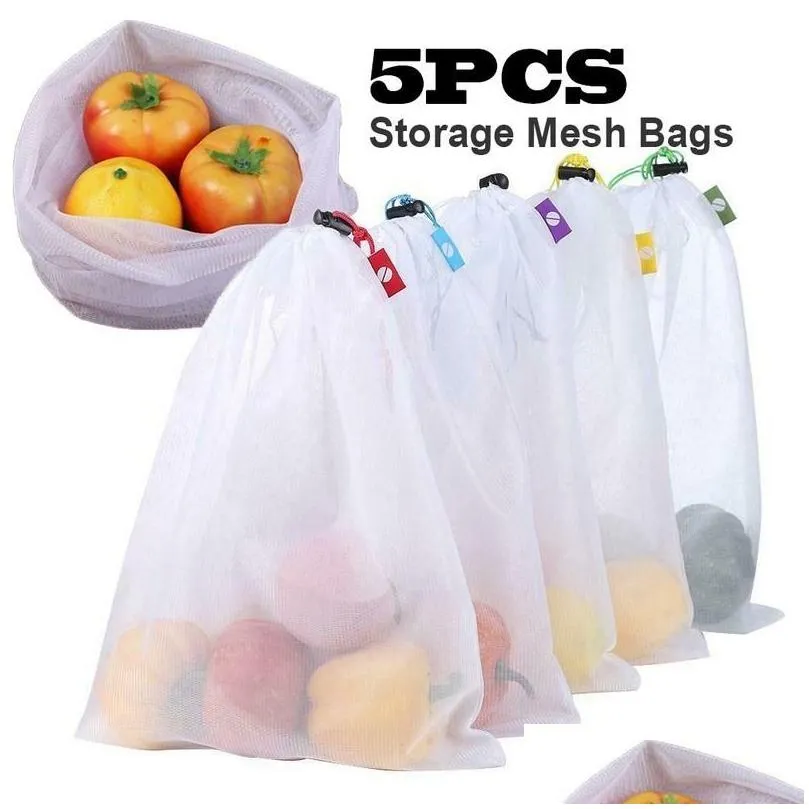 5pcs reusable fruit vegetable storage bags washable net mesh kitchen organizer food storage packaging bag produce
