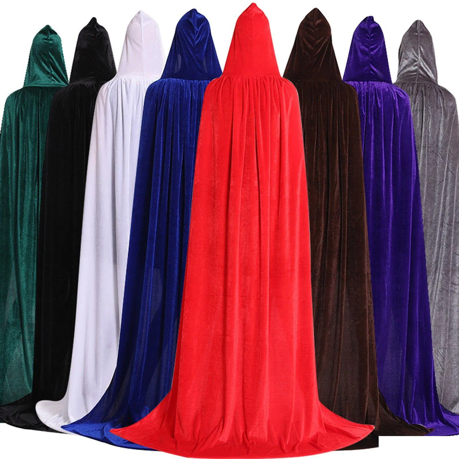 2022 halloween favor costume unisex hooded cloak long velvet cape for christmas cosplay costumes blue red white black gray purple