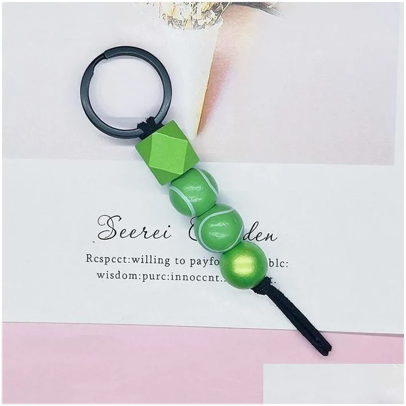 wooden beaded keychain pendant sports basketball football baseball tassel keyring fy3942